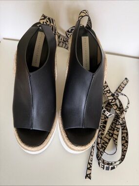 NEW! Stella McCartney Black Espadrille Platform Sandals with Branded Ankle Ties